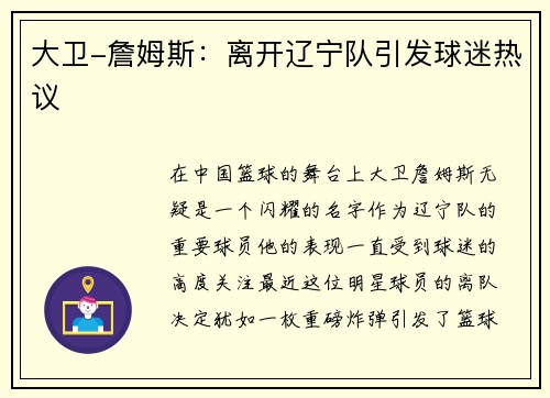 大卫-詹姆斯：离开辽宁队引发球迷热议