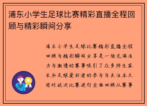 浦东小学生足球比赛精彩直播全程回顾与精彩瞬间分享