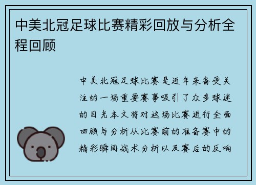 中美北冠足球比赛精彩回放与分析全程回顾